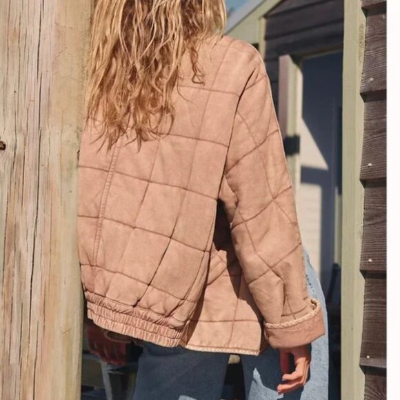 NEW BEST Free People Dolman Quilted Knit Jacket XSmall Dirty Rose Beige - Picture 2 of 5